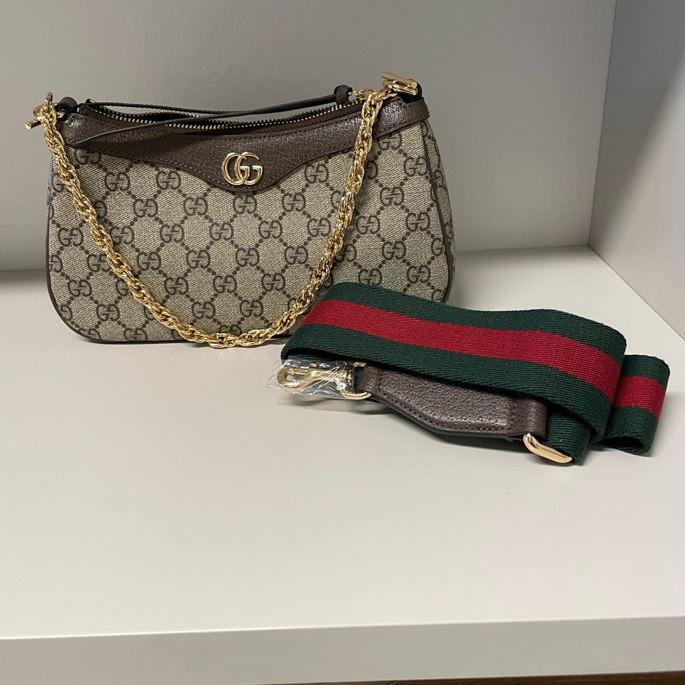 Luxury style Brown Shoulder Bag with removable gold chain and web guitar strap